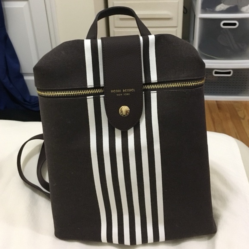 Henri Bendel Brown and White Stripe Convertible Nylon Travel Packable Backpack